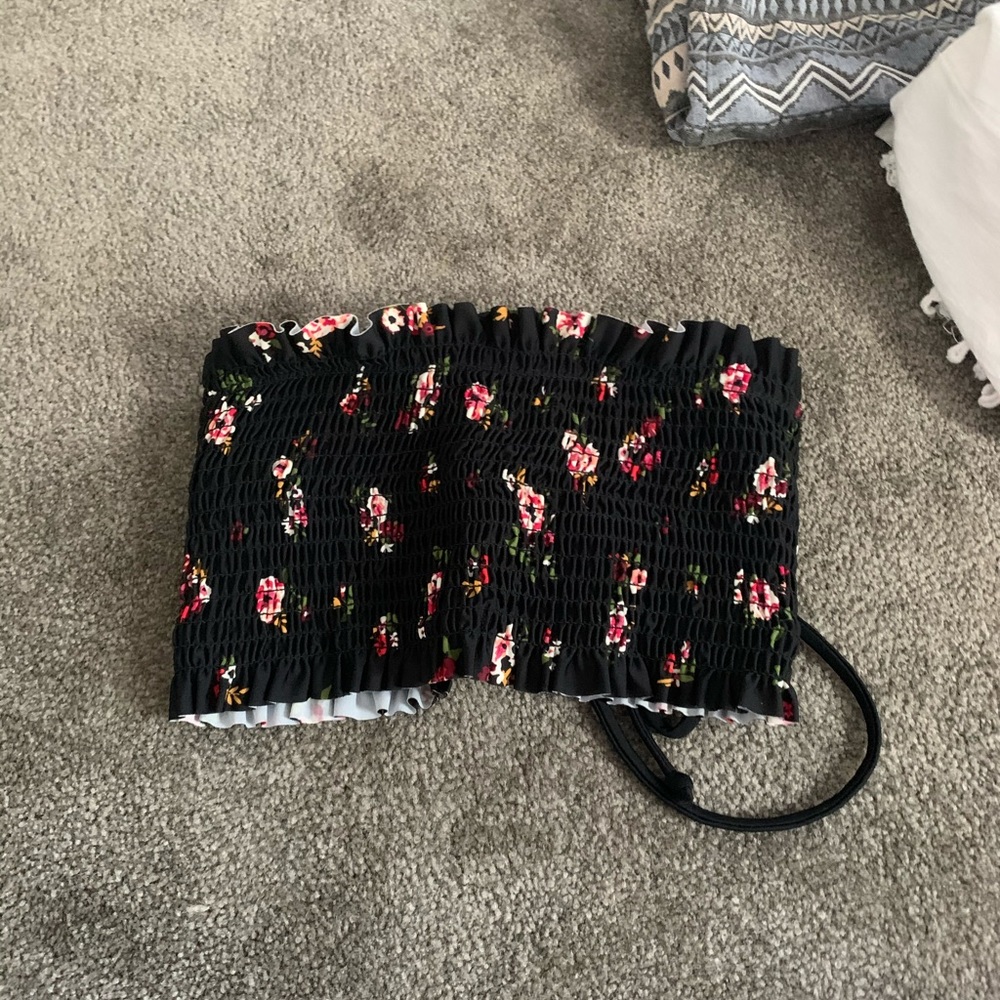 Black floral bikini bandeau corset top